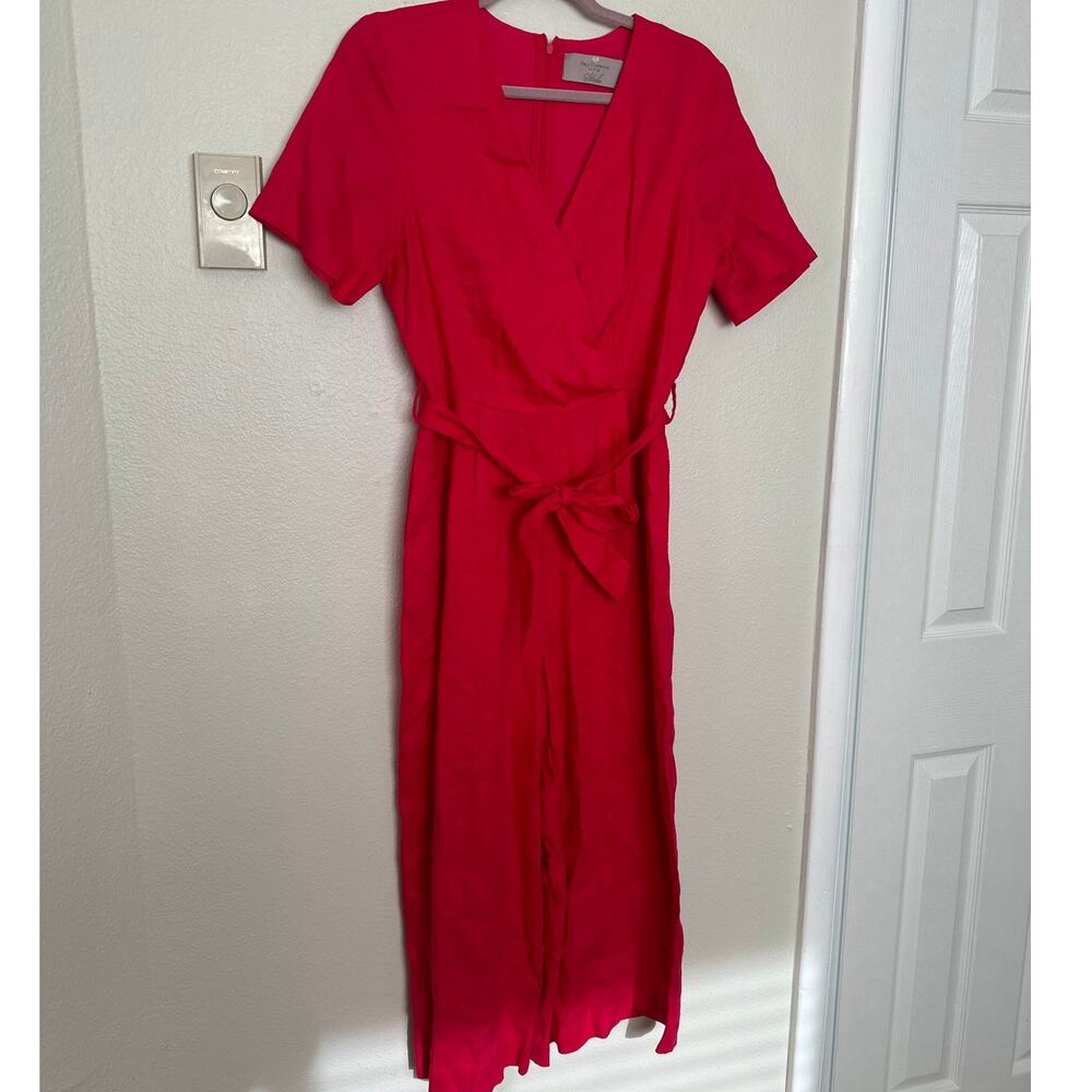 100% Linen Sz 8 Hot Pink Wide Leg Jumpsuit with Pockets Belted Natural Fibers - Picture 2 of 15